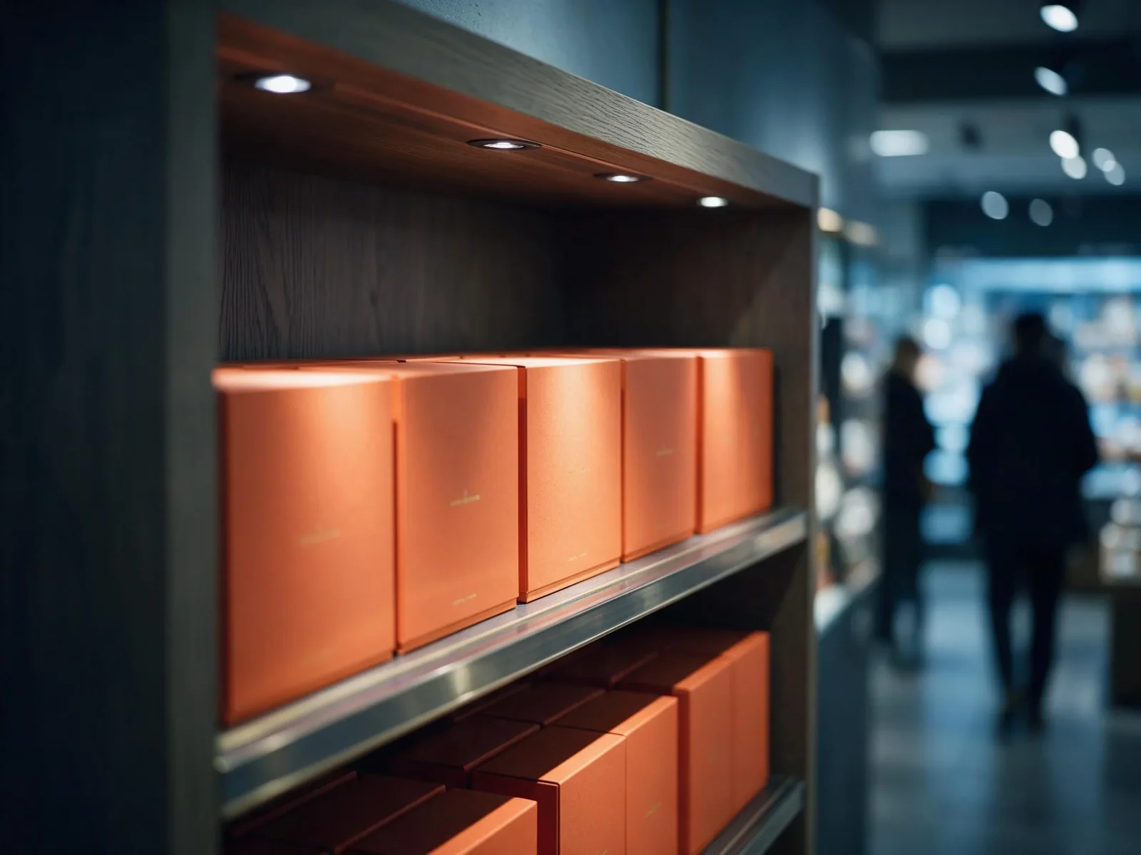 Mulan orange gift boxes lined on wooden shelves in a European boutique supermarket