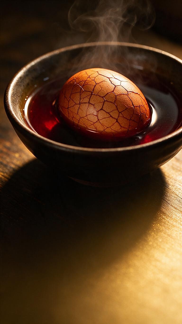 Classic Da Hong Pao tea egg, cracked shell in dark red tea liquor, steam rising