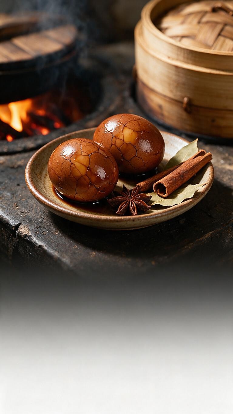 Five-spice Pu'er tea eggs, two cracked eggs with cassia, star anise and bay leaf, wood-fire glow