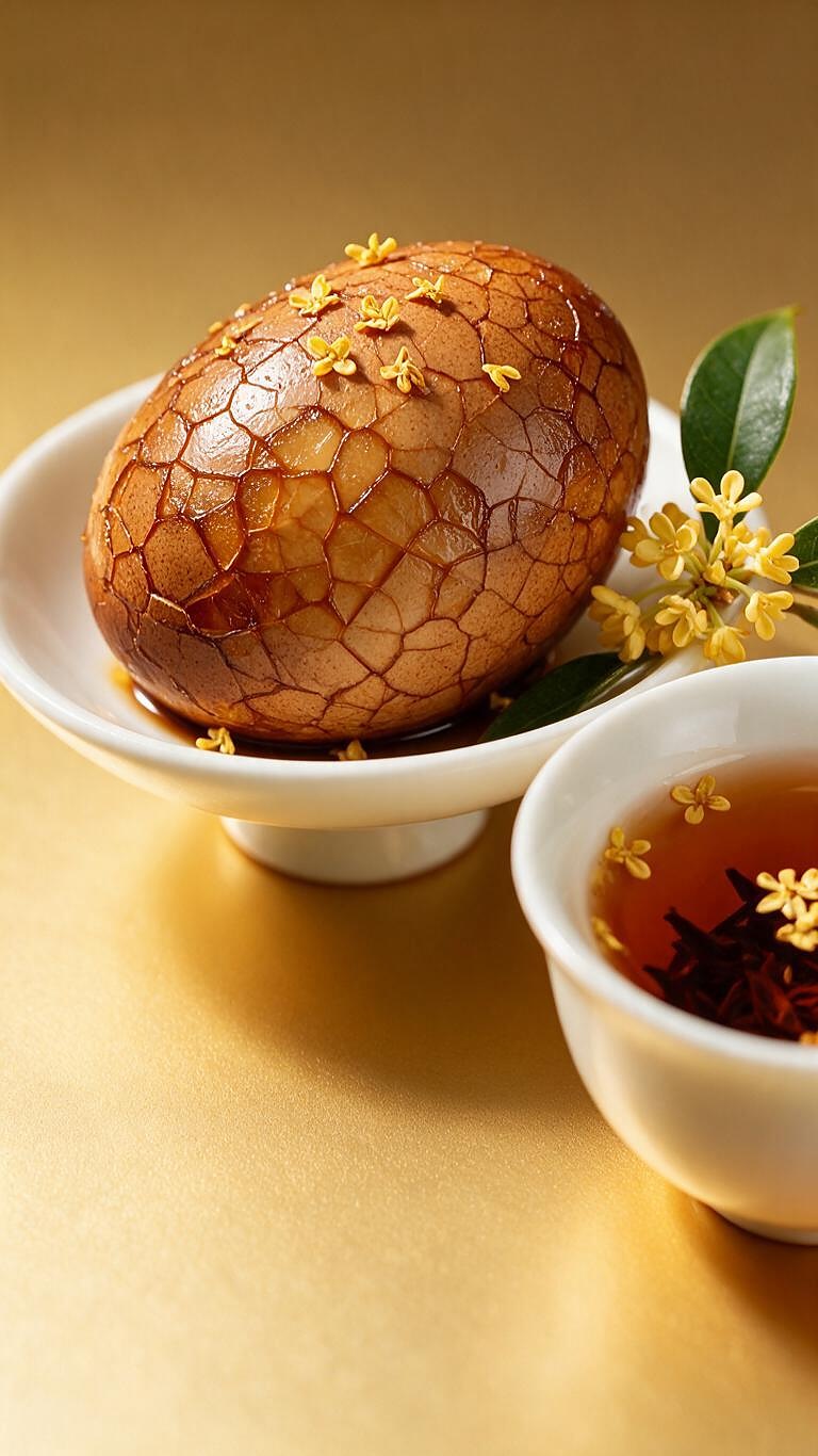 Osmanthus black tea egg covered in golden osmanthus, a cup of black tea beside it