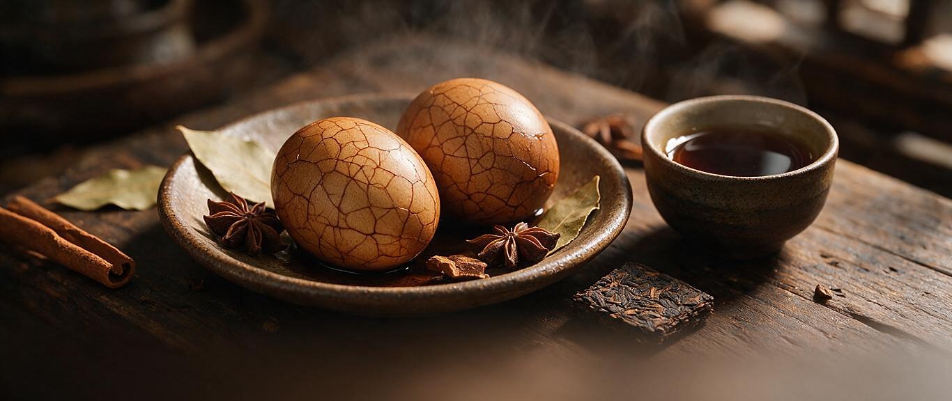 Two cracked tea eggs on a small coarse-clay plate, star anise, cassia and bay leaves beside a tea cup