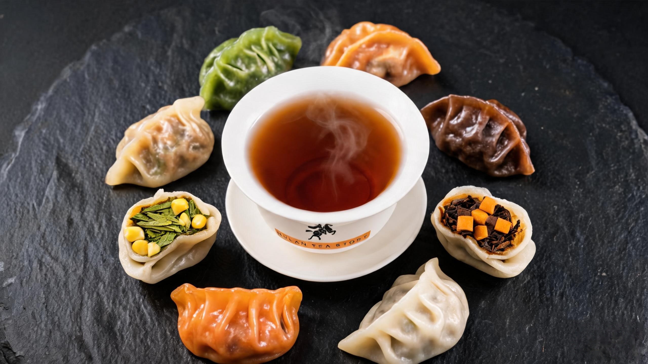 Five-Colour Tea Dumplings around a white porcelain gaiwan, cut open to show the Longjing and sweet-corn filling