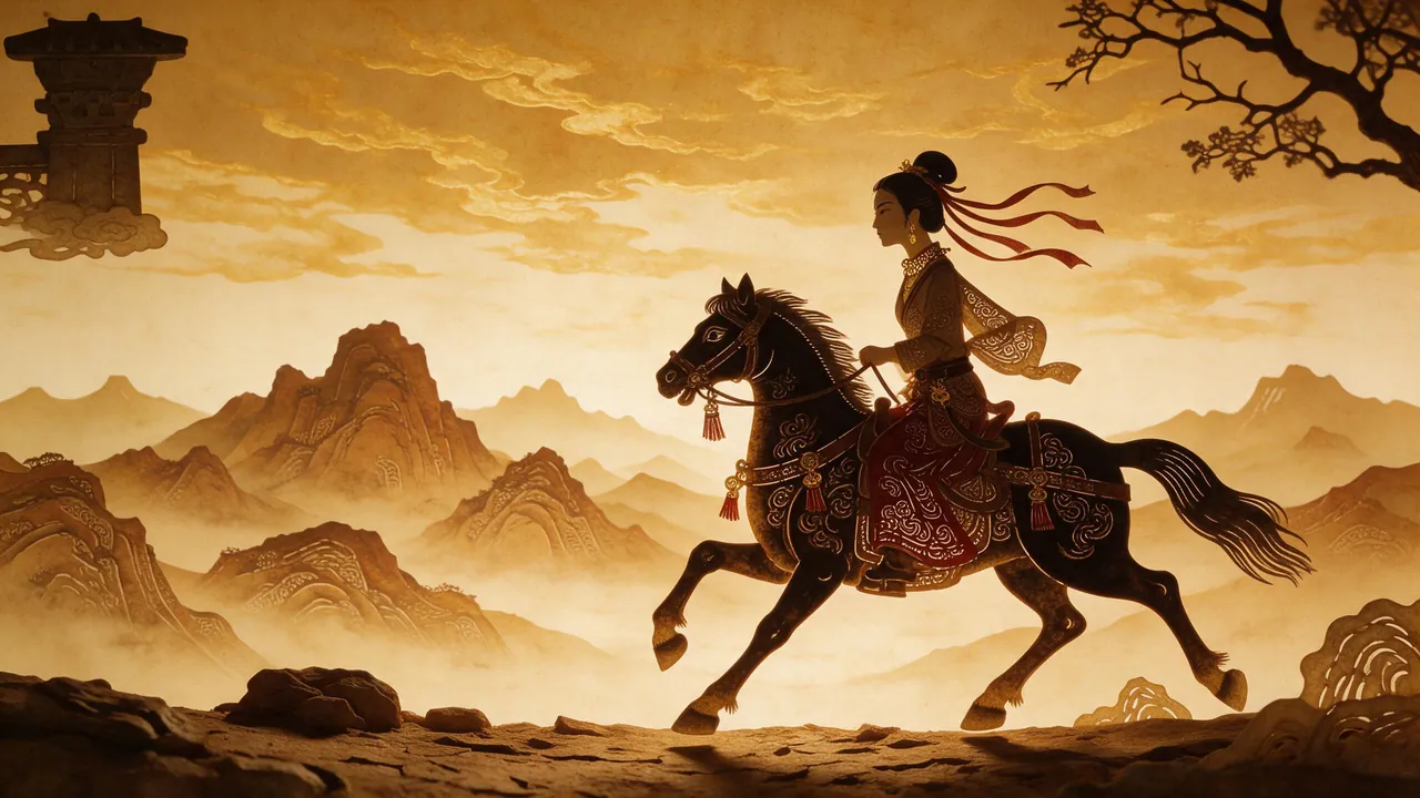 Shadow-play style: Mulan riding through layered mountains
