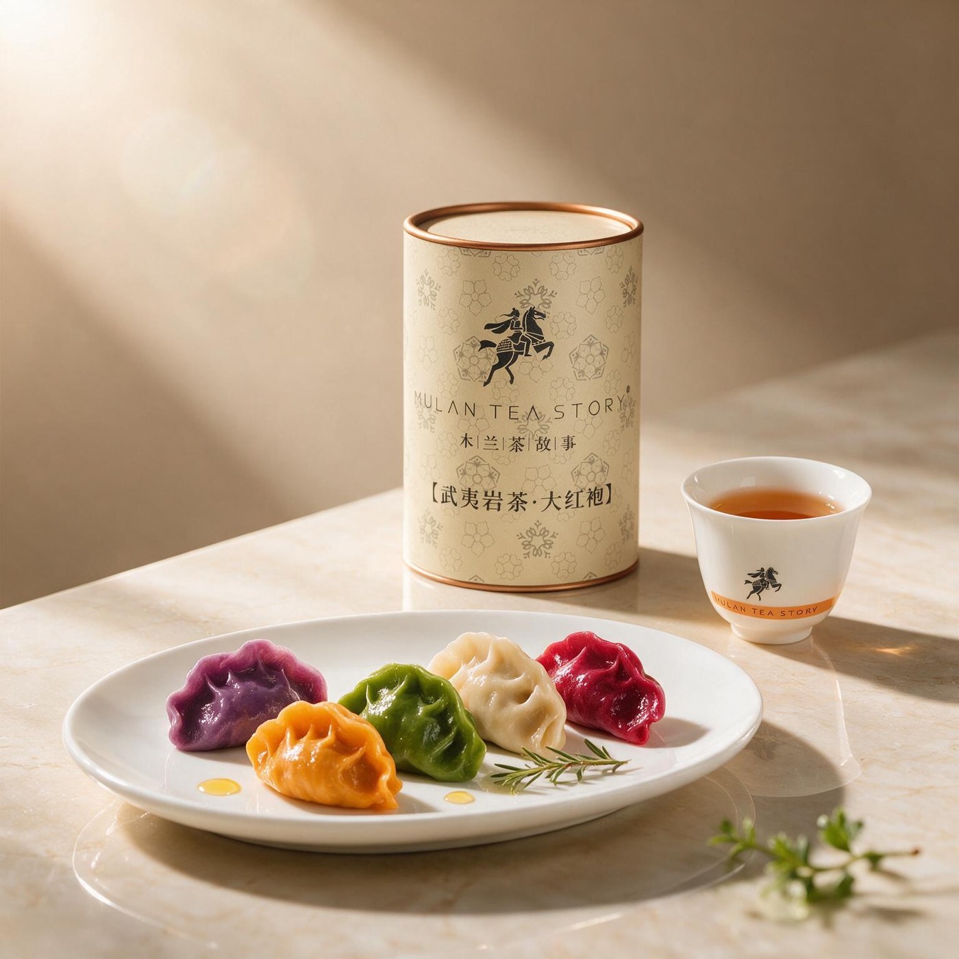 Five-Colour Tea Dumplings with a tin of Wuyi rock tea and a white porcelain gaiwan